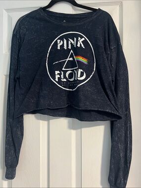 Pink Floyd Black Cropped Long Sleeve Tee with Rainbow Prism